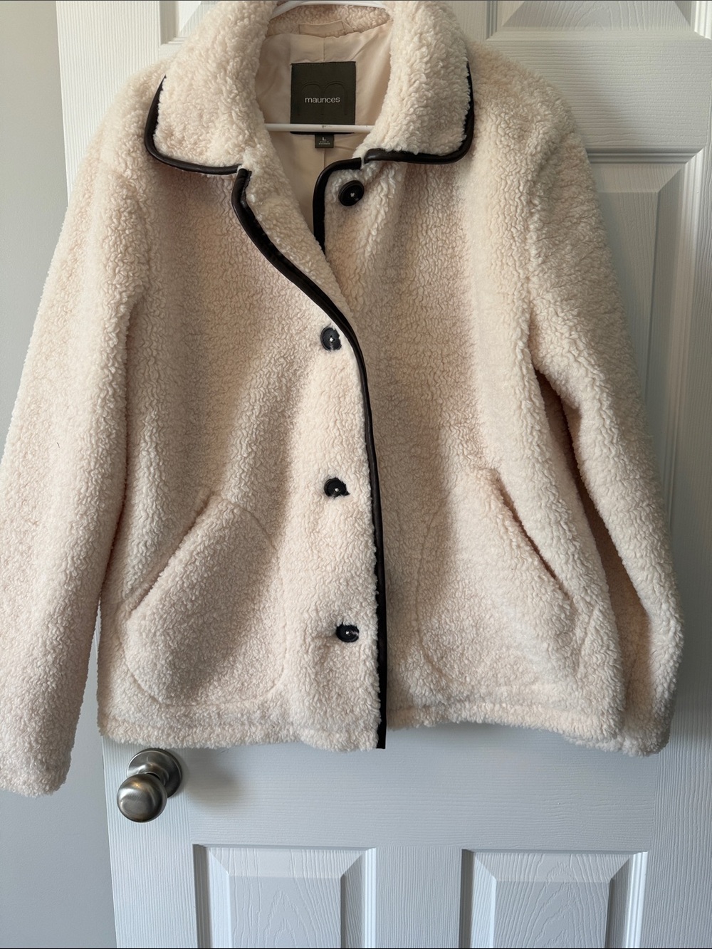 Maurices Cream Teddy Sherpa Jacket with Black Trim